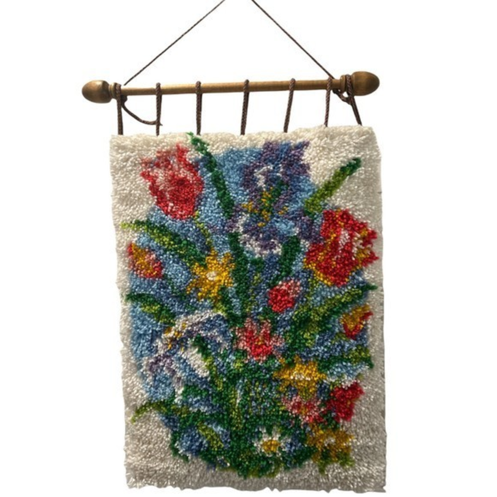 Latch Hook Wall Hanging Multicolor Flowers Wall‎ Shag Tapestry Handmade
